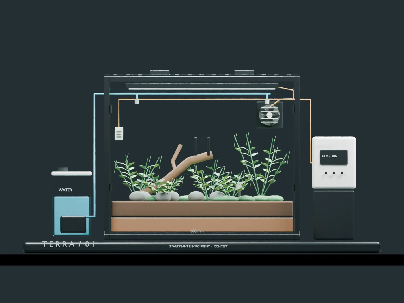 Front view of the terrarium concept showing the plants, external water reservoir and controller.