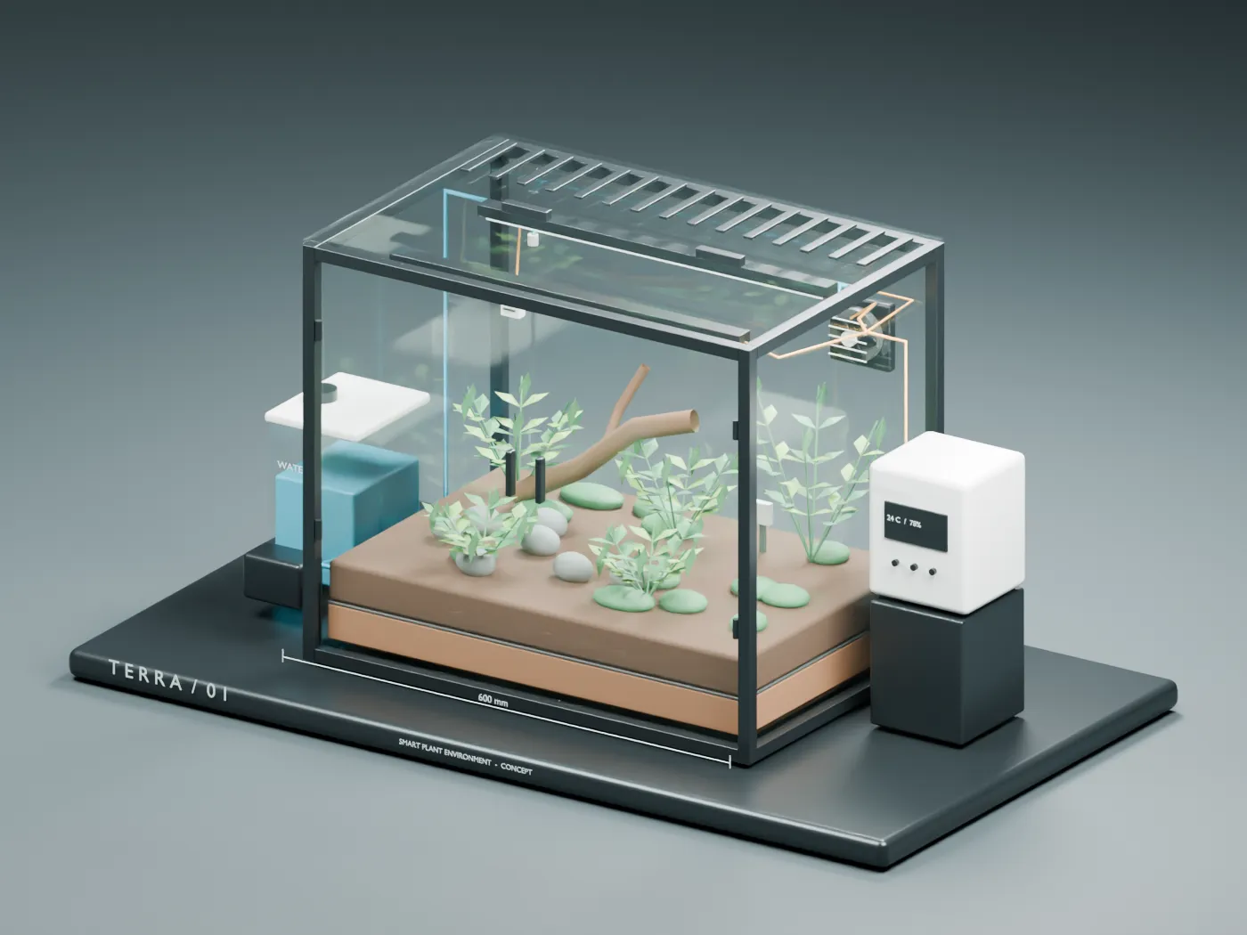 Three-quarter Blender render of a glass terrarium with plants, an external water reservoir and a controller concept.